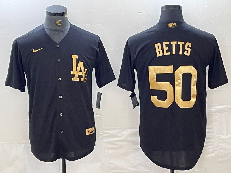 Men Los Angeles Dodgers 50 Betts Black gold 4 th generation Nike 2024 MLB Jersey style 1